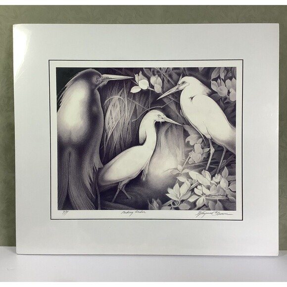 Wayman C Brown Pencil Sketch White Heron ‘Pecking Order’ 19x22 Signed & Matted - Picture 1 of 13